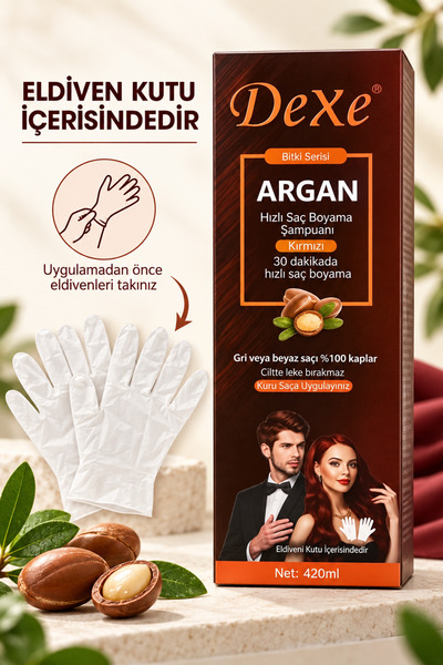 Dexe Argan Özlü Kırmızı Saç Boyama Şampuanı 420 ml – 30 Dakikada %100 Beyaz Kapatma