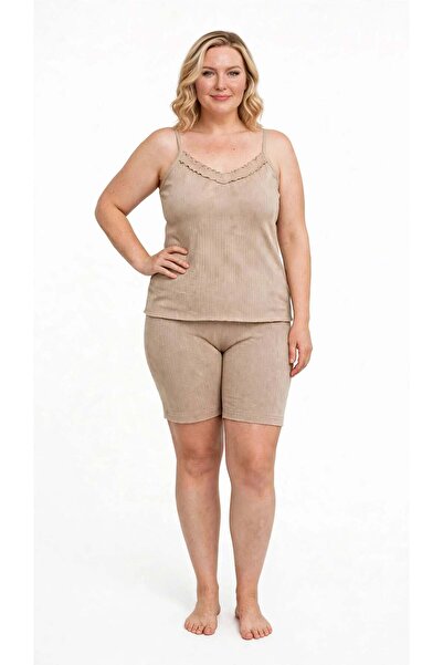 Freeista Women's Beige Plus Size Athlete Shorts Set - Soft Ribbed High Waist ...