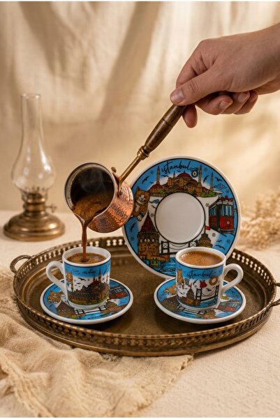Generic Brand Istanbul Themed Ceramic Turkish Coffee Cup Set for 2 People