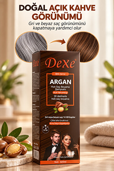 Dexe Argan Özlü Açık Kahverengi Saç Boyama Şampuanı 420 ml – 30 Dakikada %100 Beyaz Kapatma