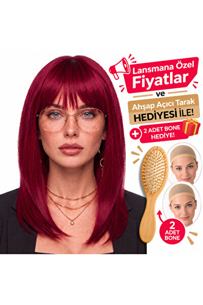 Lulu Bella Kadın Kızıl Küt Perçemli Peruk - 45 cm serisi 1. Kalite Isıya Daya...