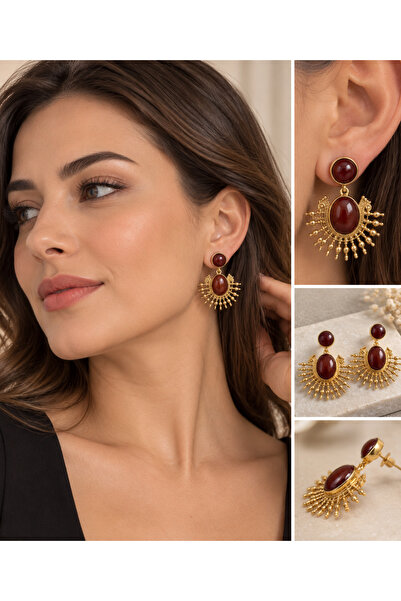 Bordo Taşlı Gold Sallantılı Küpe