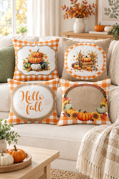 Evmila Kadife Doku Sonbahar Ve Halloween Özel Kabak Desenli 4'lü Kırlent Seti