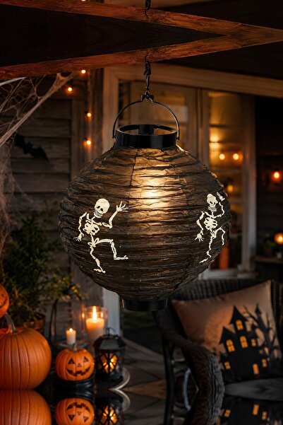 Patladı Gitti Halloween 20 cm Led Işıklı İskelet Desenli Siyah Renk Kağıt Jap...