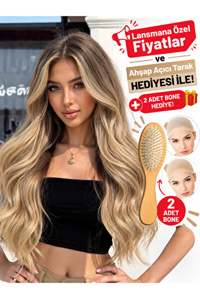 Lulu Bella Kadın Altın Ombre Su Dalgalı Perçemsiz Peruk - 60 cm serisi 1. Kal...