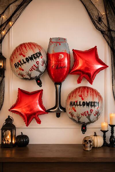 Patladı Gitti Halloween Cadılar Bayramı Kanlı Kadeh Temalı 5 Li Folyo Balon Seti