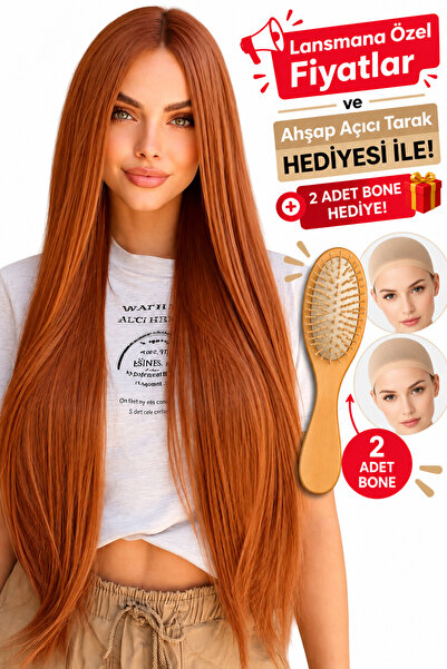 Lulu Bella Kadın Bakır Düz Perçemsiz Peruk - 70 cm serisi 1. Kalite Isıya Day...