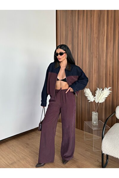 LB Laluna Butik Kadın Deri Yaka Kol Denim Detaylı Ceket Ve Pantolon Takım