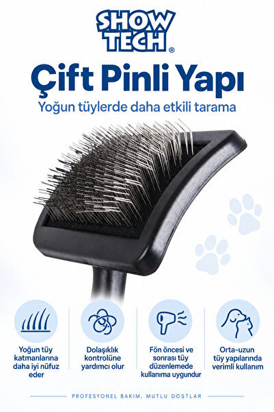 Showtech Universal Sert ve Çift Pinli Kedi Köpek Kıtık Açıcı Fırça Orta Boy