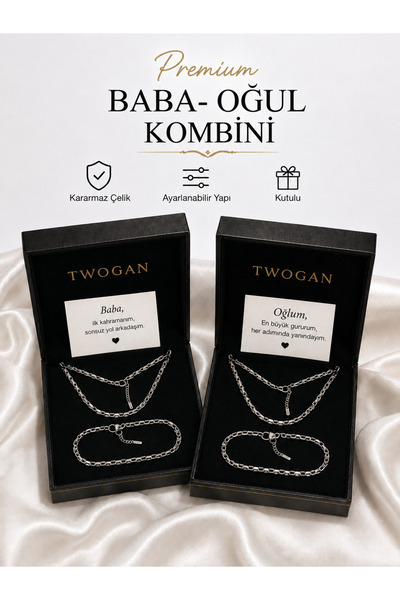 TWOGAN Baba- Oğul Takı Kombini 4lü Set Erkek, Çocuk Çelik Bileklik ve Kolye, ...