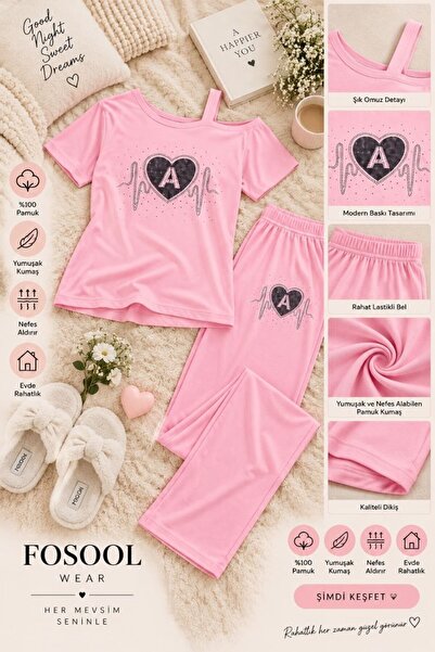 FOSOOL Kadın Tek Omuz Detaylı Baskılı Pijama Takımı - Çok Renkli