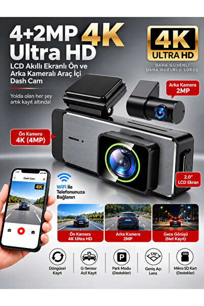 DEANB Wİ-Fİ 4K HD Ön Arka Araç İçi Kamera | 6MB | 3 Eksen G-Sensör | Döngüsel...