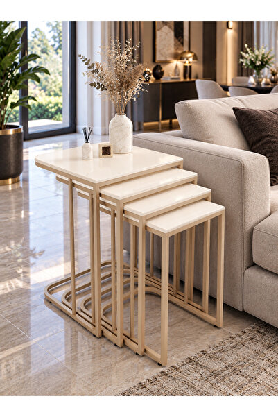 home plus mobilya 4'lü Tekerlekli Zigon Sehpa Cappucino Ayak Beyaz Tabla