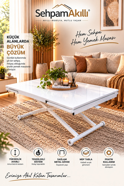 SEHPAM AKILLI Yan Baştan Açılır Akıllı Yemek Masası Beyaz Oval Köşe Mdf Tabla...