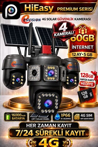 Esvision 7021 128GB 4 Lensli 4G Çift Solar Panel AOV Gece Görüş Akıllı Kamera...