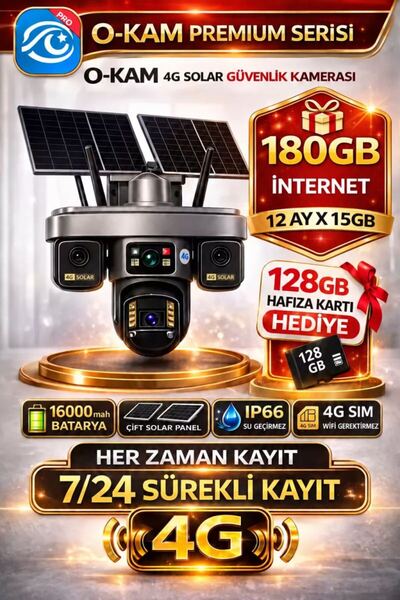 O-KAM OK335 Premium Serisi 12MP 4 Kameralı 4G Çift Solar Panel Gece Görüş 180...