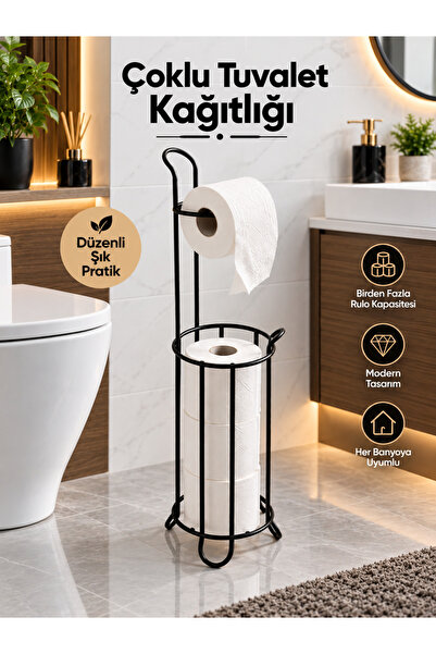Genel Markalar Lüx Ayaklı Siyah Çoklu Tuvalet Kağıtlığı - WC Kağıtlık Askı St...