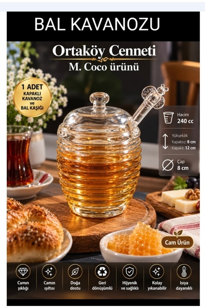 ORTAKÖYCENNETİ Glass Honey Jar with Spoon - 240ml