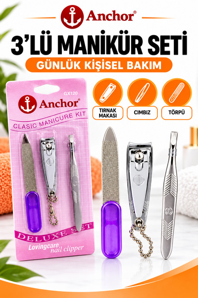 Trendhane 3 Parça manikür seti - tırnak makası, cımbız ve törpü (ev ve seyahat)