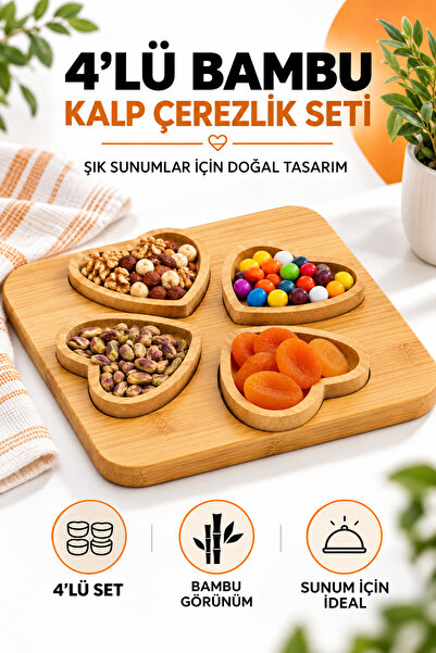 Trendhane 4’lü Bambu Kalpli Çerezlik Seti – Ahşap Sunum Tepsili 4 Bölmeli Atı...