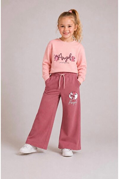 is kids wear Kız Çocuk Pembe Angel Baskılı Sırtı Yazılı İspanyol Paça Sweatsh...