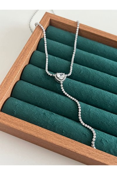 BusradanDesign Heart Stone Detail Waterway Y Necklace 40 cm - Women's Waterway Necklace - Stylish Stone Y Necklace