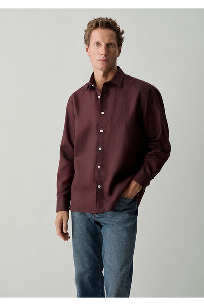 Mavi Bordo Keten Gömlek Loose Fit / Bol Rahat Kesim 0212117-70223