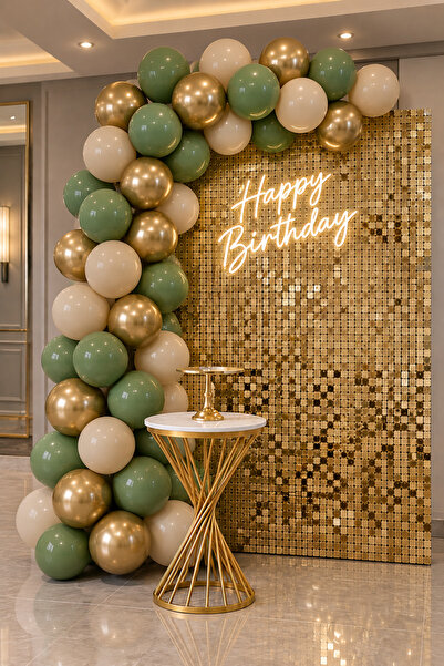 Parti dolabı Küf Yeşili 15 Krom Gold 15 Deniz Kumu Pastel Ten Rengi Doğum Günü Ve Nişan Balon Zinciri Set