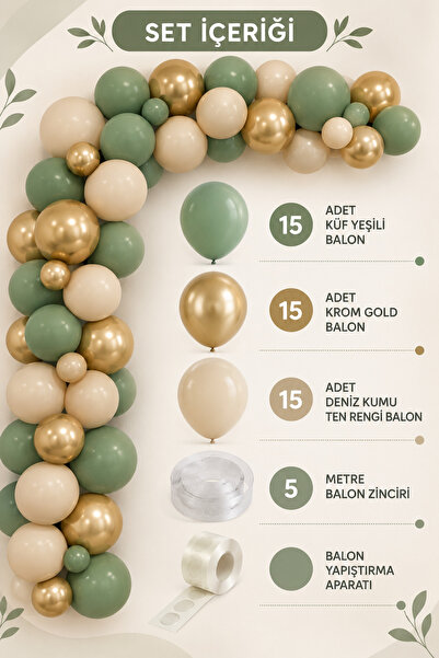 Parti dolabı Küf Yeşili 15 Krom Gold 15 Deniz Kumu Pastel Ten Rengi Doğum Günü Ve Nişan Balon Zinciri Set