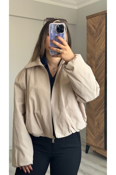 Butik Oversize Fermuarlı Kısa Trençkot -- Ekru
