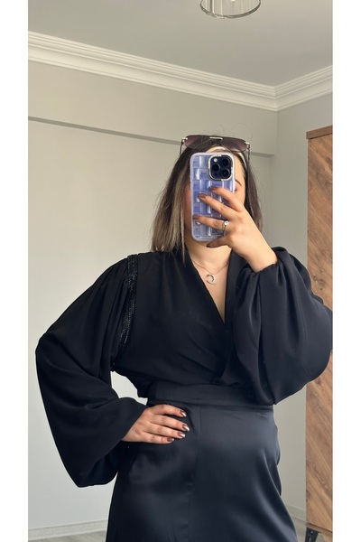 Butik Zıbınlı Kruvaze Balon Kol Body -- Siyah