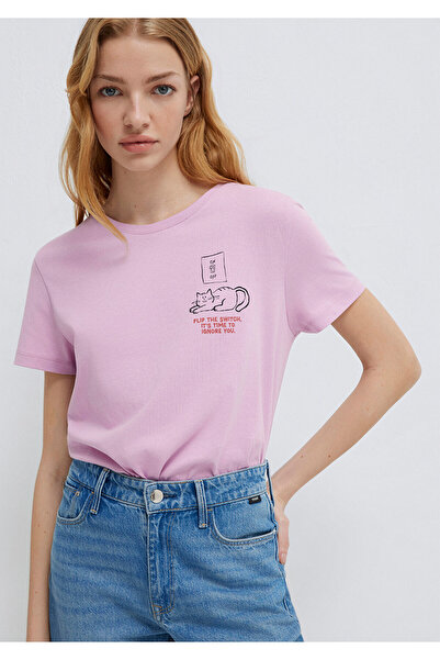 Mavi Kedi Baskılı Pembe Tişört Semi Slim Fit / Yarı Dar Kesim 1613722-71039