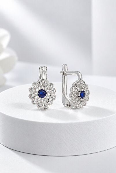jelux silver Gümüş 925 Ayar Çiçek Tasarımlı Safir Taşlı Küpe