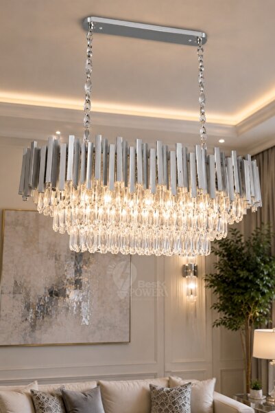 best power Silver Crystal Detailed Hanging Chandelier Above the Dining Table ...