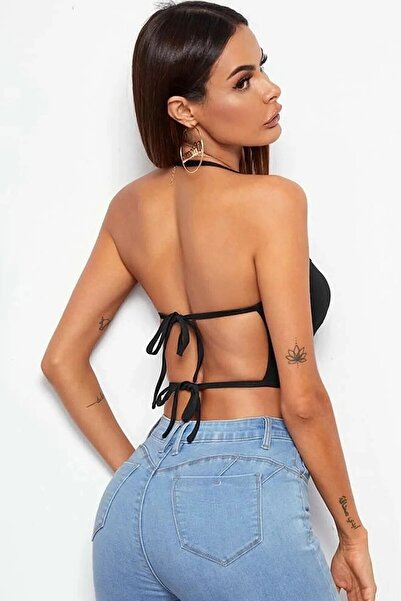 Bacio iç giyim Kadın Sırtı Açık Siyah Belden Bağlamalı Crop Büstiyer
