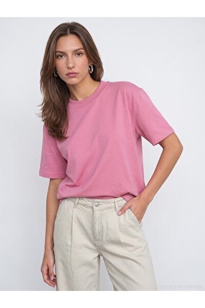 Dilvin 30312 %100 Pamuk Bisiklet Yaka T-Shirt-Pembe
