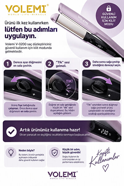 VOLEMİ 0200 Profesyonel Saç Düzleştirici – Keratin Yağlı Seramik Plakalı, Dijital Ekranlı, UV Korumalı Akıllı Isı Sensörlü 120°C-230°C Ayarlanabilir Isı, Hızlı Isınma