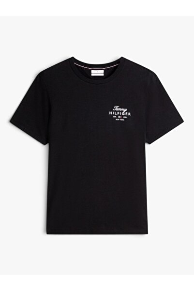 Tommy Hilfiger Erkek Kısa Kol Bisiklet Yaka Yazı Desen Slim Fit Siyah T-Shirt