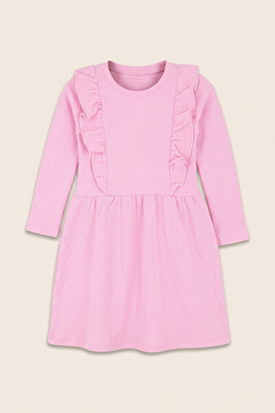 CRASSİ Girl's Long Sleeve Dress with Ruffles, Lycra, Self-Patterned Ottoman Fabric
