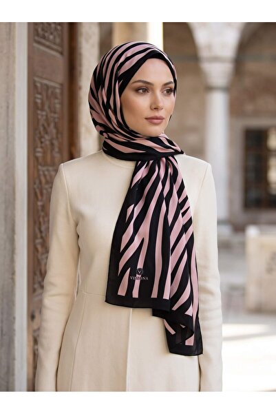 Vissona Kırışmaz Krep Şal Zebra Desenli Siyah Pudra 75x195 cm Kaymaz Kolay Şe...