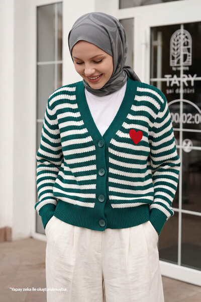InStyle Emerald Green Knitwear Cardigan with Heart Stripes