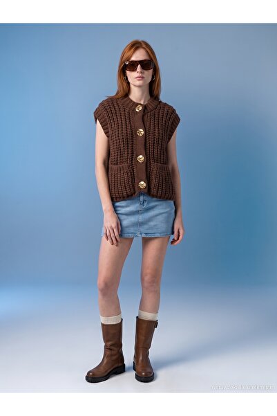 Dilvin 60961 Pocket Detailed Knitted Sweater-Dark Brown