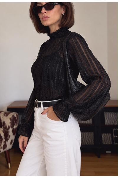 VERYMODA Bluză cu aspect de barbă cu sclipici - Negru |   F1852