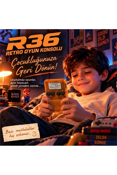 schitec 3.5 Inç OTG Çıkışlı Taşınabilir Retro Oyun Konsolu 15000+ Oyunlu El Atari Şeffaf Turuncu R36