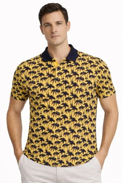 Simala Men's Pique Fabric Polo Collar Palm Patterned T-Shirt Short Sleeve Sum...