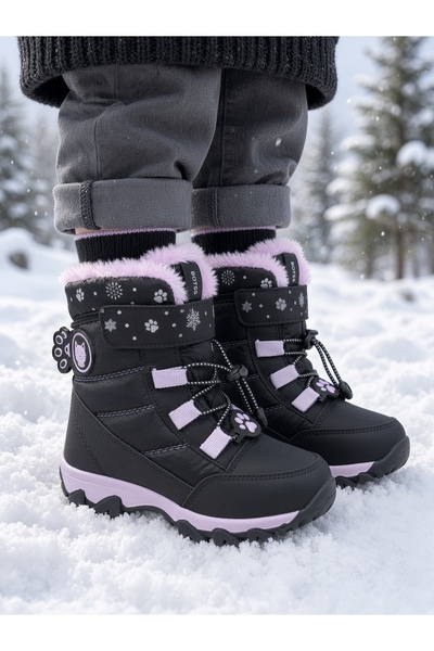 Moda Kadıköy Girls' Black Lilac Fur-Lined Cold-Resistant Waterproof Snow Boot...
