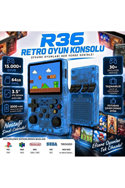 schitec 3.5 Inç OTG Çıkışlı Taşınabilir Retro Oyun Konsolu 15000+ Oyunlu Şeffaf Mavi R36S