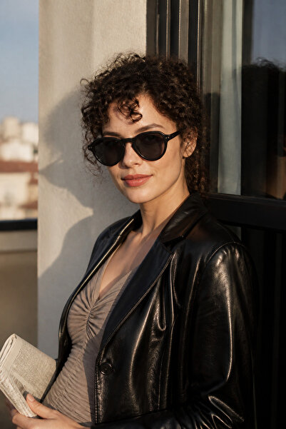 Unisex Retro Yuvarlak Siyah Çerçeve Füme Mavi Cam Güneş Gözlüğü