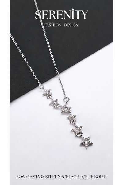 Serenity Zircon Stone Steel Necklace with Row of Stars