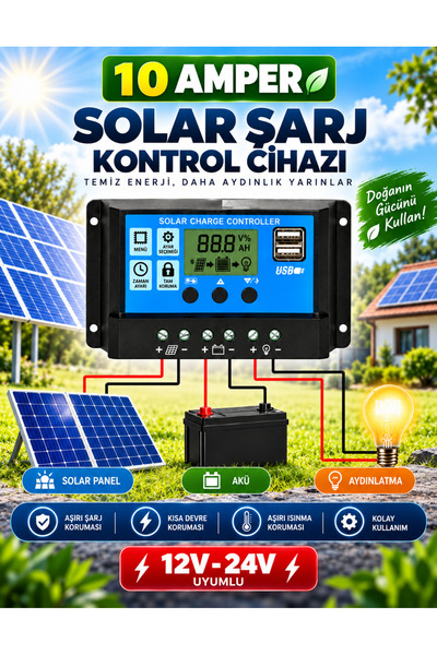 Unichrome Solar Güneş Paneli Akü Şarj Kontrol Cihazı 10 Amper-12v 24v